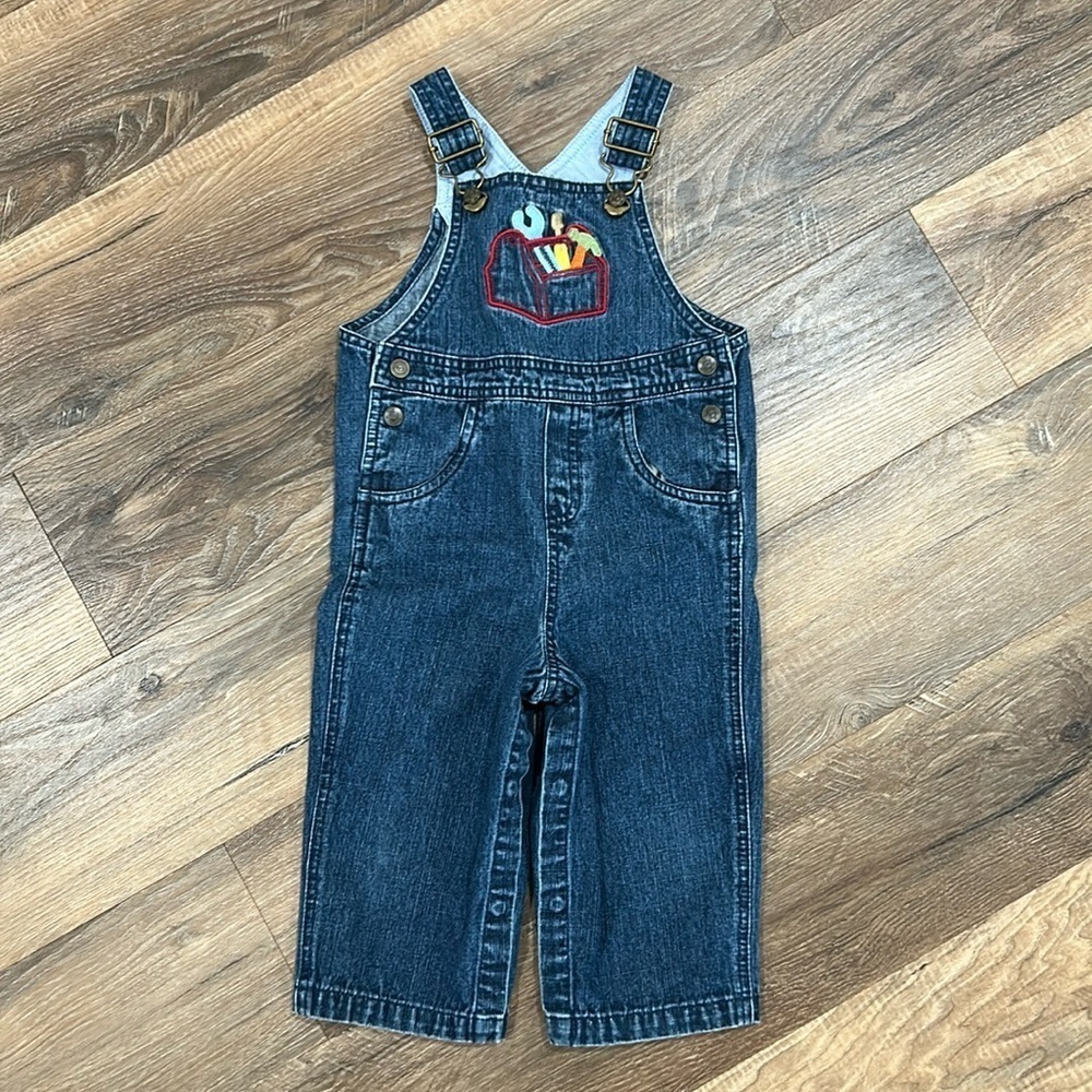 Talbots bib overalls boys 18 months tool theme 100% cotton denim blue
